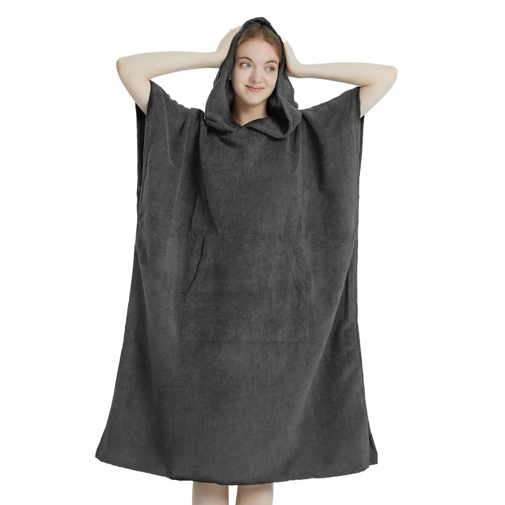 Donkergrijze microvezel poncho met capuchon en voorzak