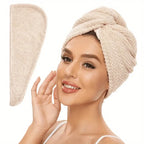 Beige microfibre hair towel turban worn by woman, lightweight anti frizz hair wrap