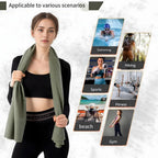Woman holding gym mat and microfibre towel, lightweight quick dry towel for fitness and yoga