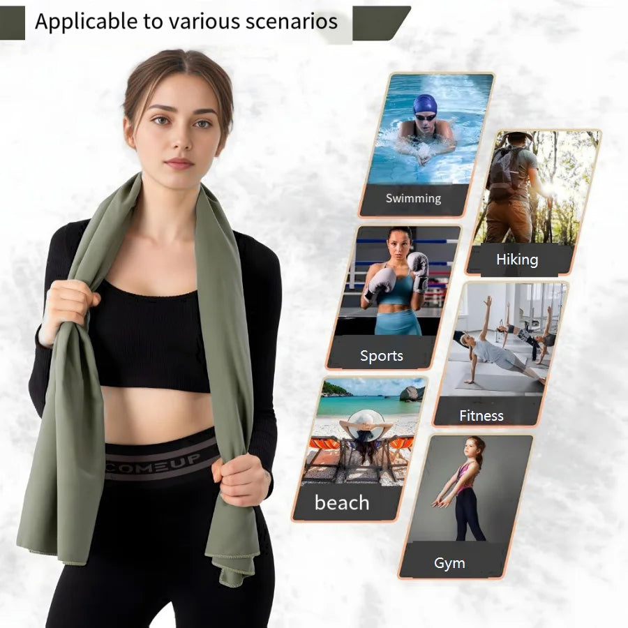 Woman holding gym mat and microfibre towel, lightweight quick dry towel for fitness and yoga