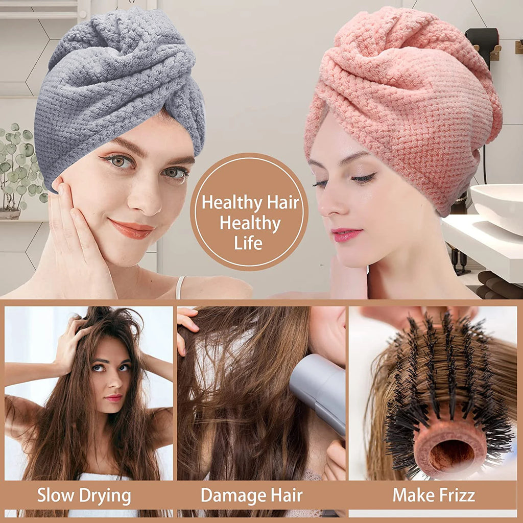 Quick drying microfibre hair towel features including soft fabric, secure fit and frizz reduction