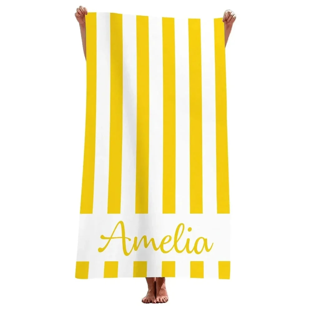 Yellow striped personalised beach towel with custom name, microfibre beach towel