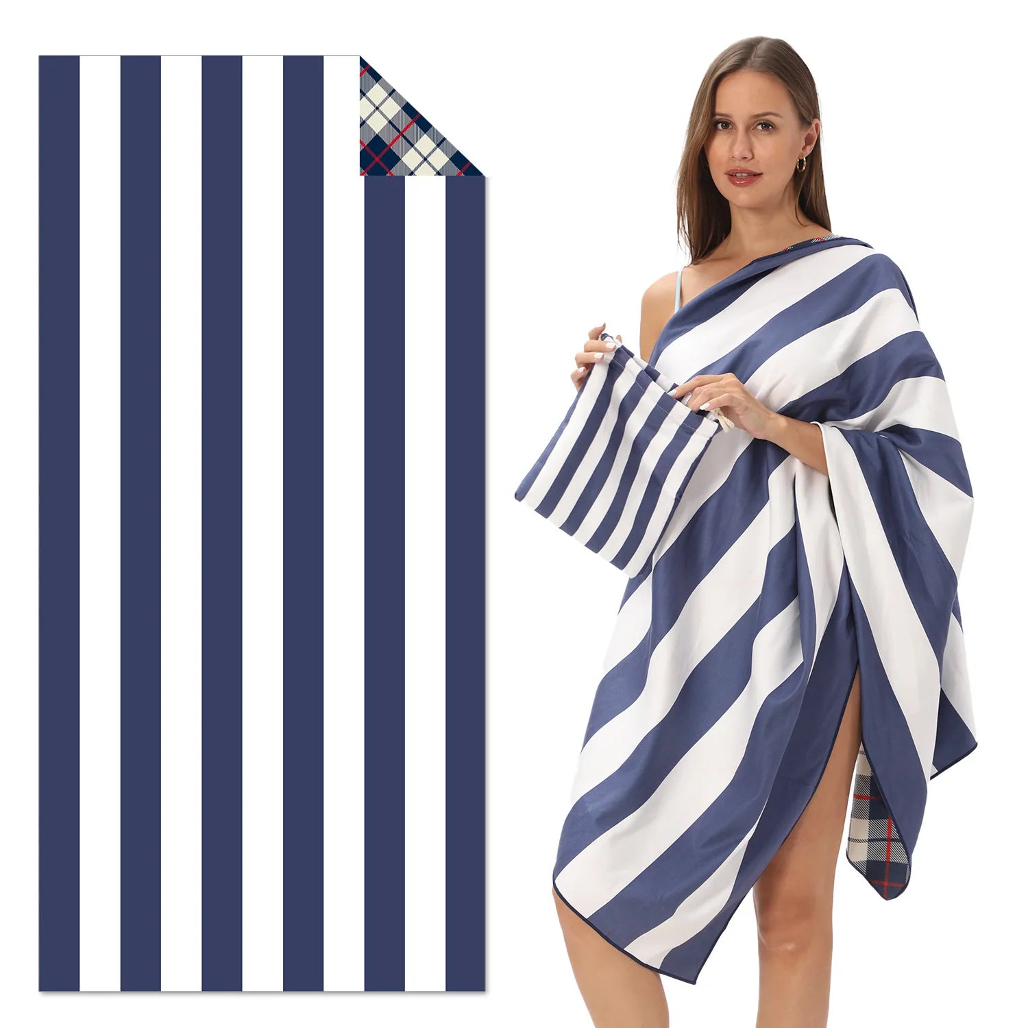 Navy striped double sided beach towel oversized, quick dry travel towel