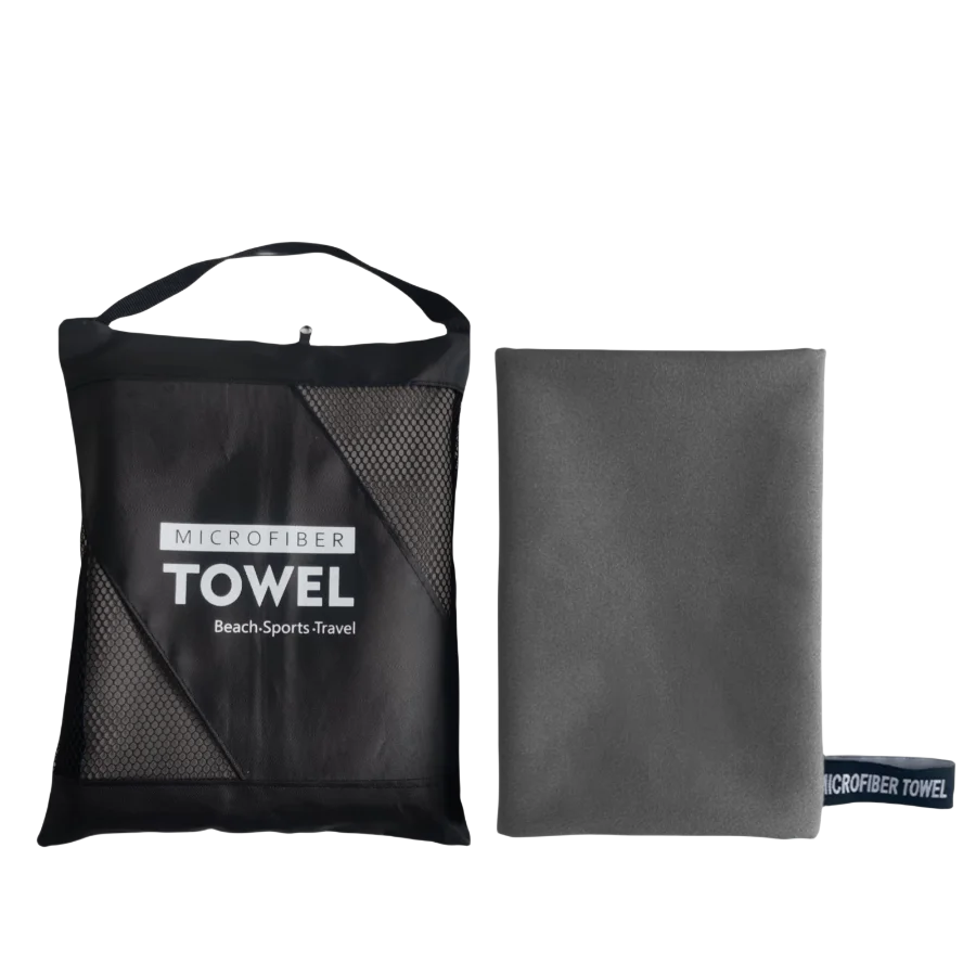 Grey microfibre beach towel oversized with zip pouch, compact quick dry towel