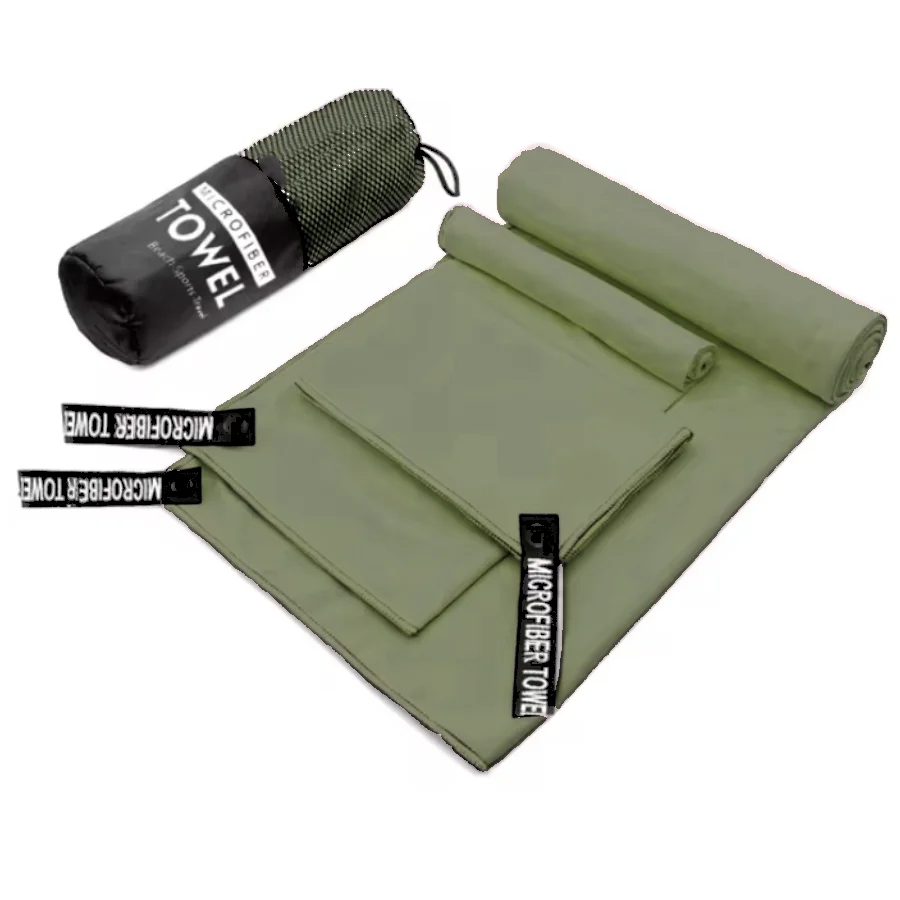 Complete 3-piece Army Green microfibre towel set laid flat, showing all three sizes and the matching carry bag.