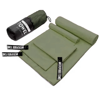 Complete 3-piece Army Green microfibre towel set laid flat, showing all three sizes and the matching carry bag.