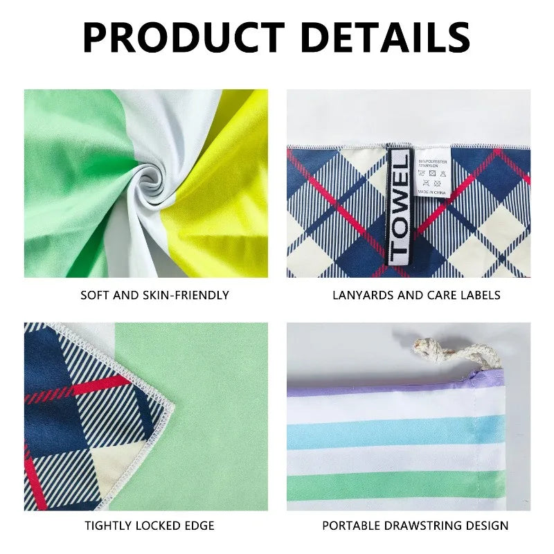 Double sided beach towel features showing hidden pocket and fabric details