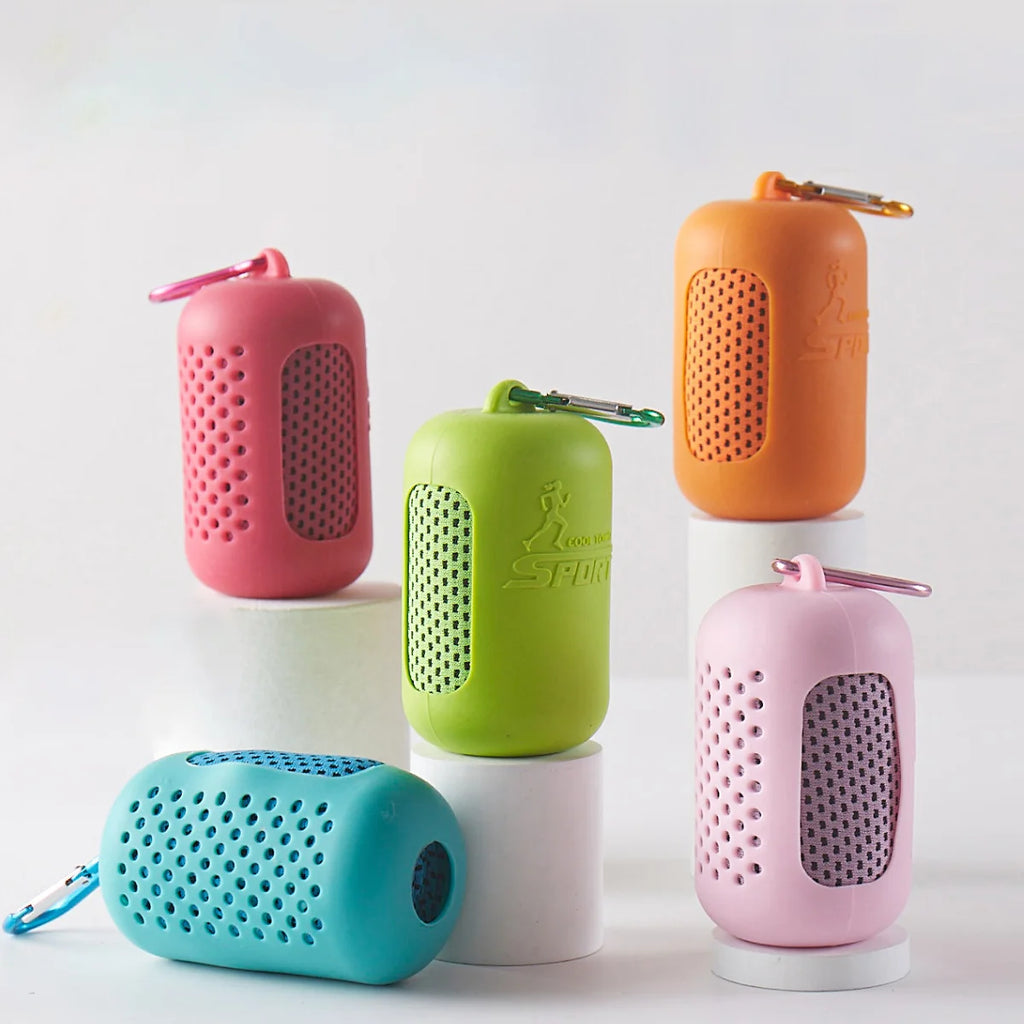 Cooling towel with silicone case in multiple colours, compact quick dry cooling towel set