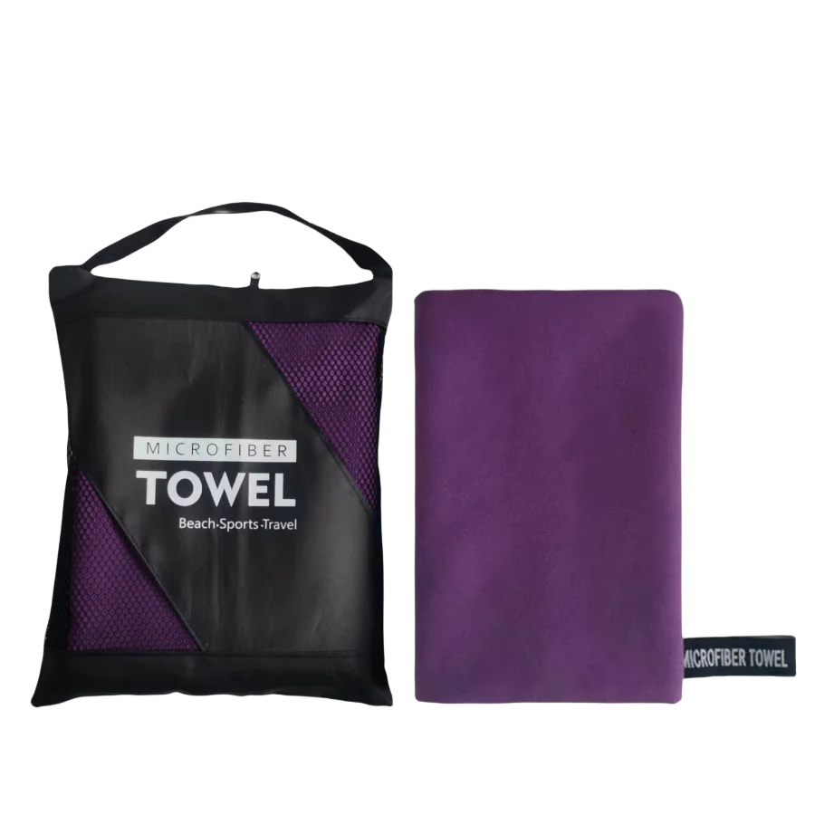 Purple microfibre beach towel with zip pouch, lightweight oversized quick dry towel