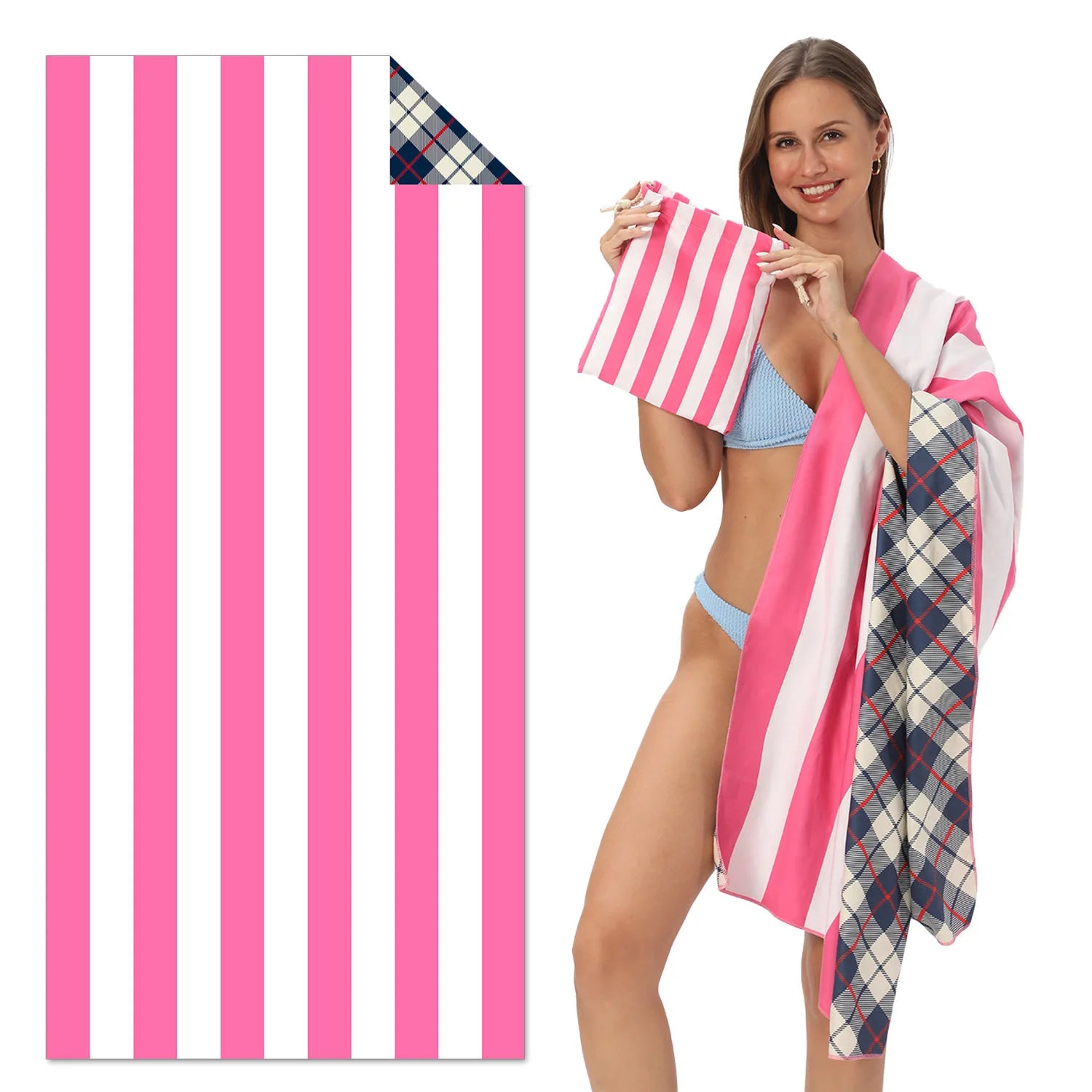 Pink striped microfibre beach towel worn by woman, lightweight quick dry towel