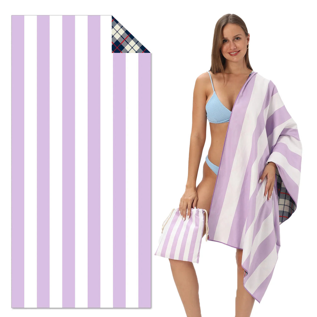 Purple striped double sided beach towel worn by woman, quick dry microfibre towel