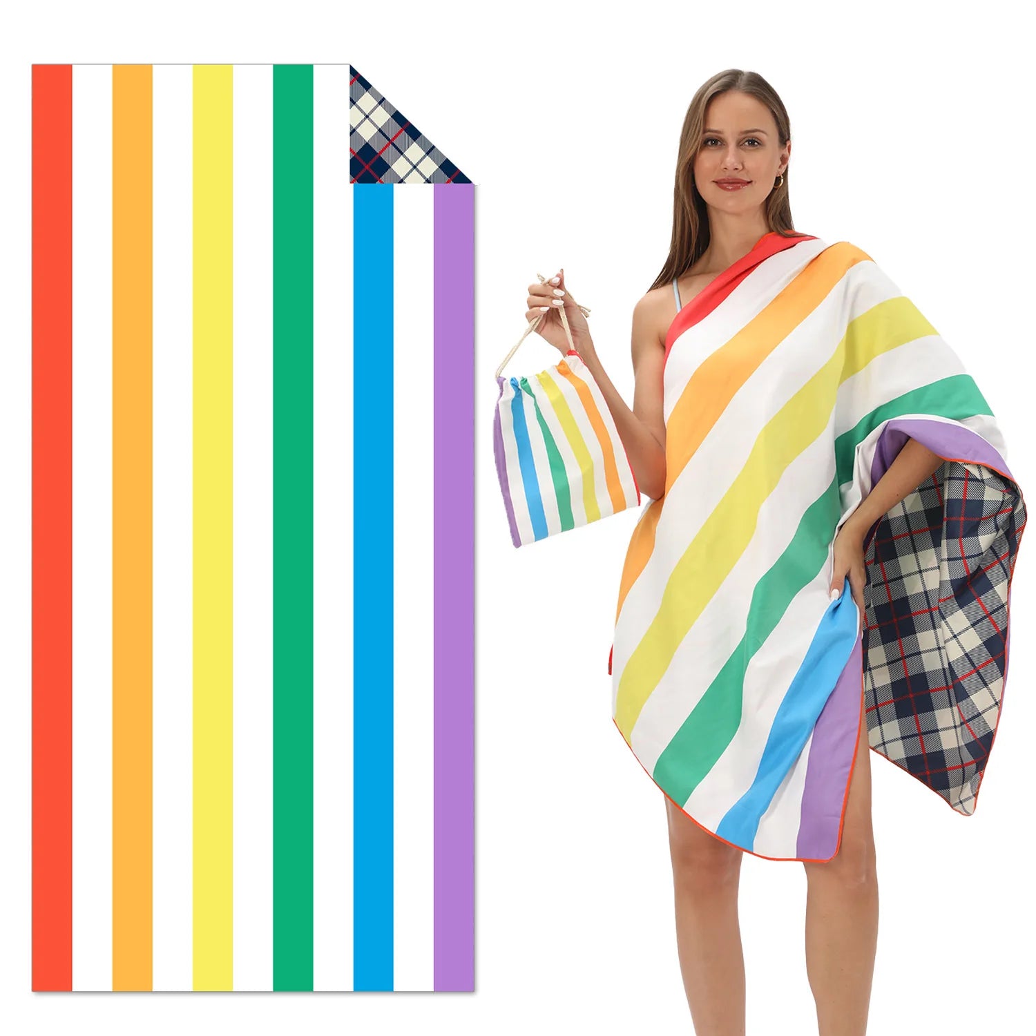 Rainbow striped oversized beach towel microfibre, lightweight quick dry towel