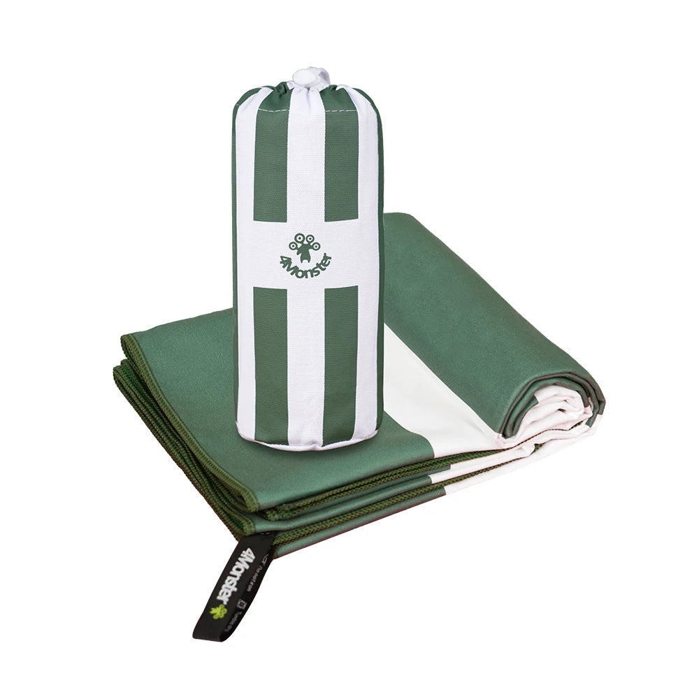 green striped beach towel folded with strap microfibre towel