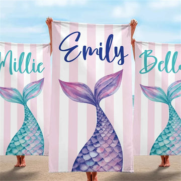 Mermaid Tail Custom Name Beach Towel – Lightweight, Quick-Dry & Personalised
