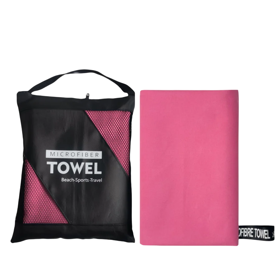 Pink oversized microfibre towel with zip travel pouch, lightweight beach towel set