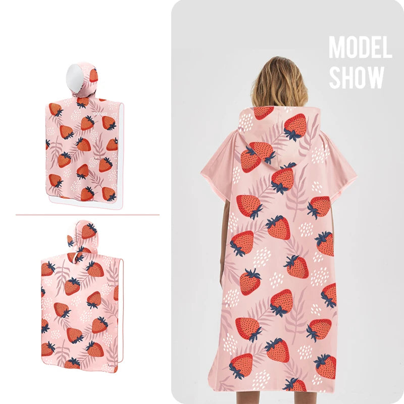 strawberry print adult microfibre surf poncho hooded towel