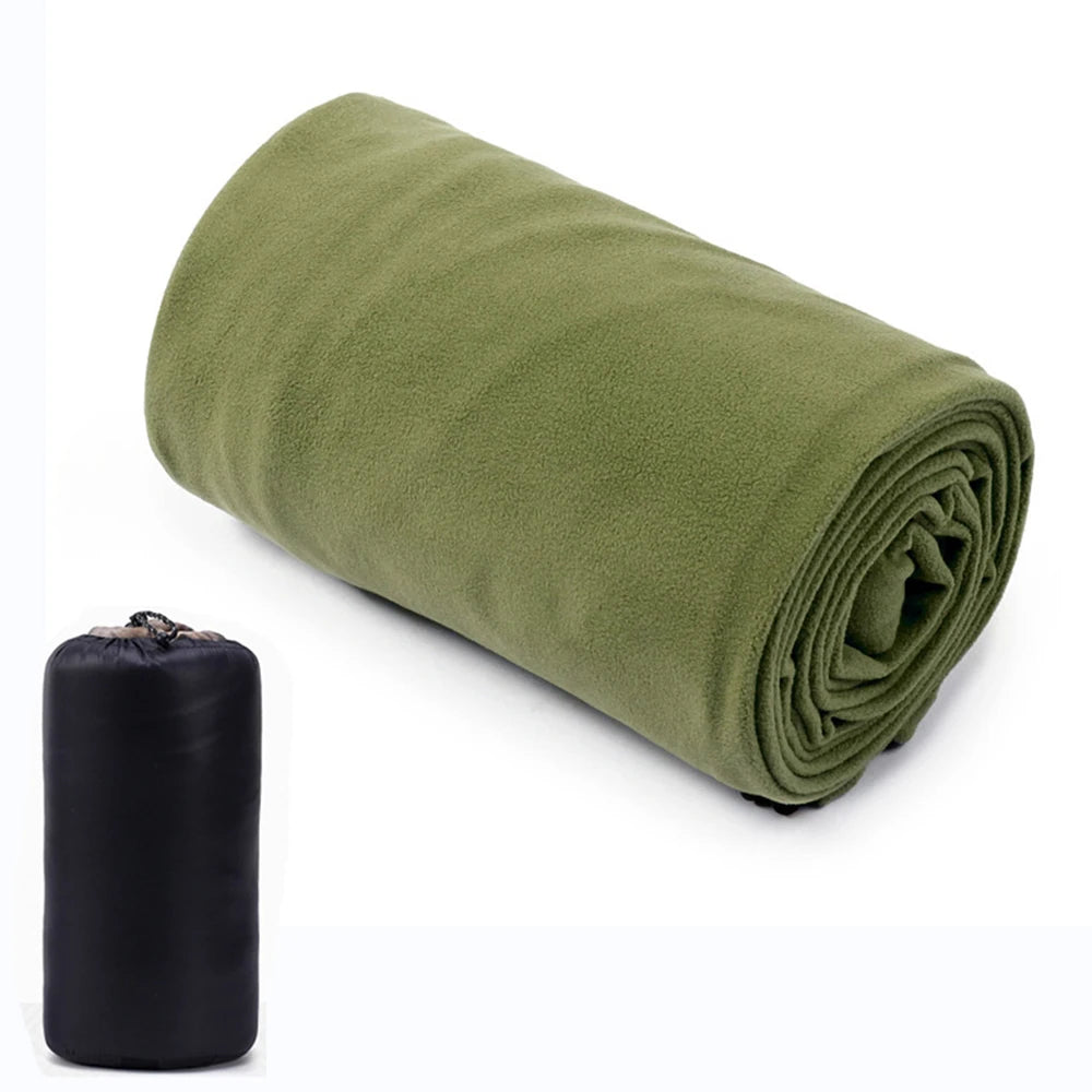 olive green microfiber sleeping bag liner with travel pouch