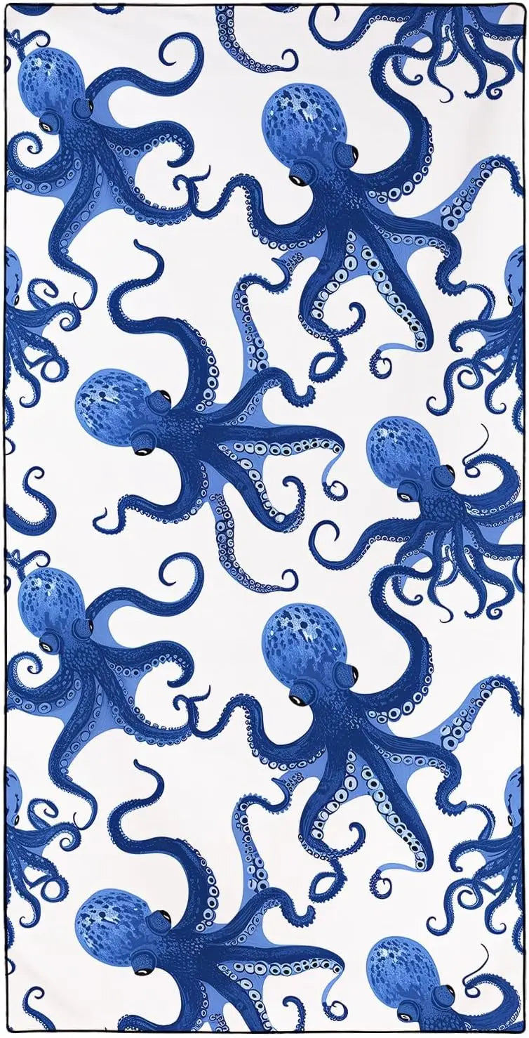 Blue Octopus microvezel strandhanddoek met witte achtergrond