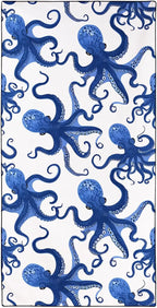 Blue Octopus microvezel strandhanddoek met witte achtergrond