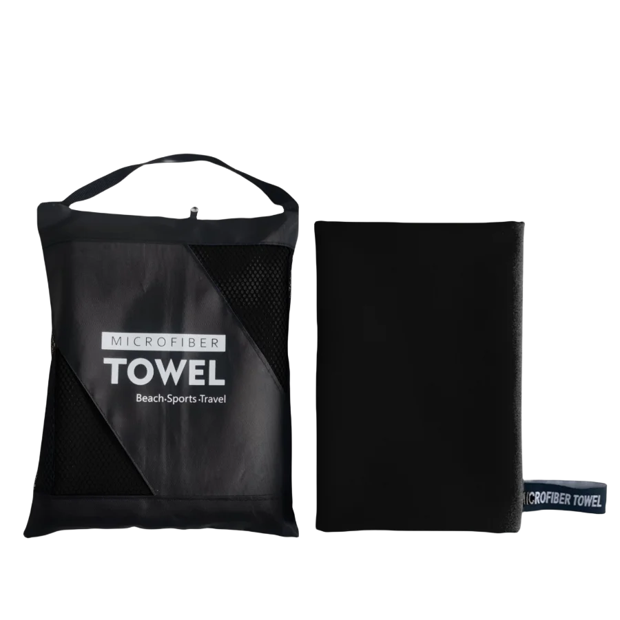 Black microfibre beach towel oversized with zip bag, lightweight quick dry towel