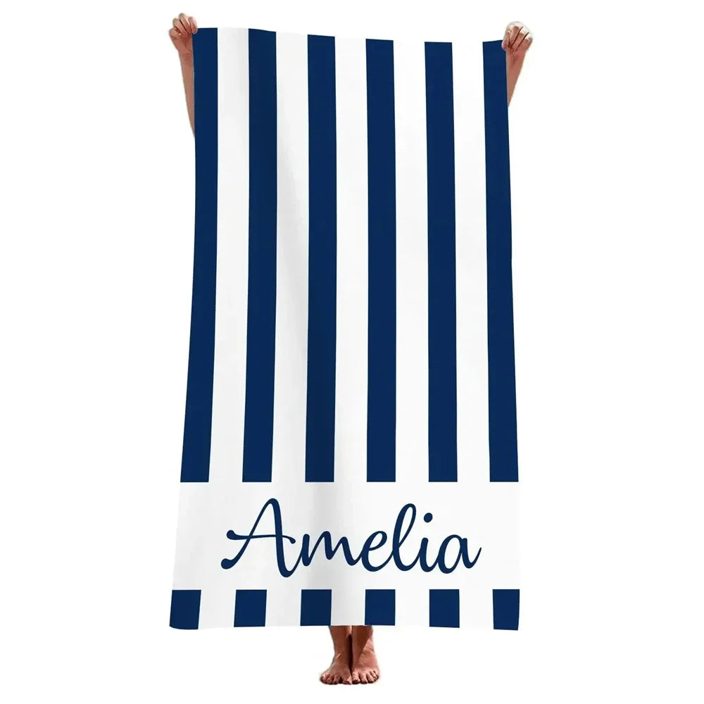 Blue striped personalised beach towel with name Amelia, quick dry microfibre towel