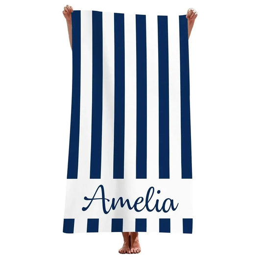 Personalised Striped Microfibre Beach Towel - Navy Blue Stripes