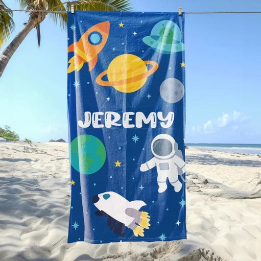 Kids Custom Name Beach Towel – Rainbow, Mermaid, Shark, Dino &amp; Space Designs