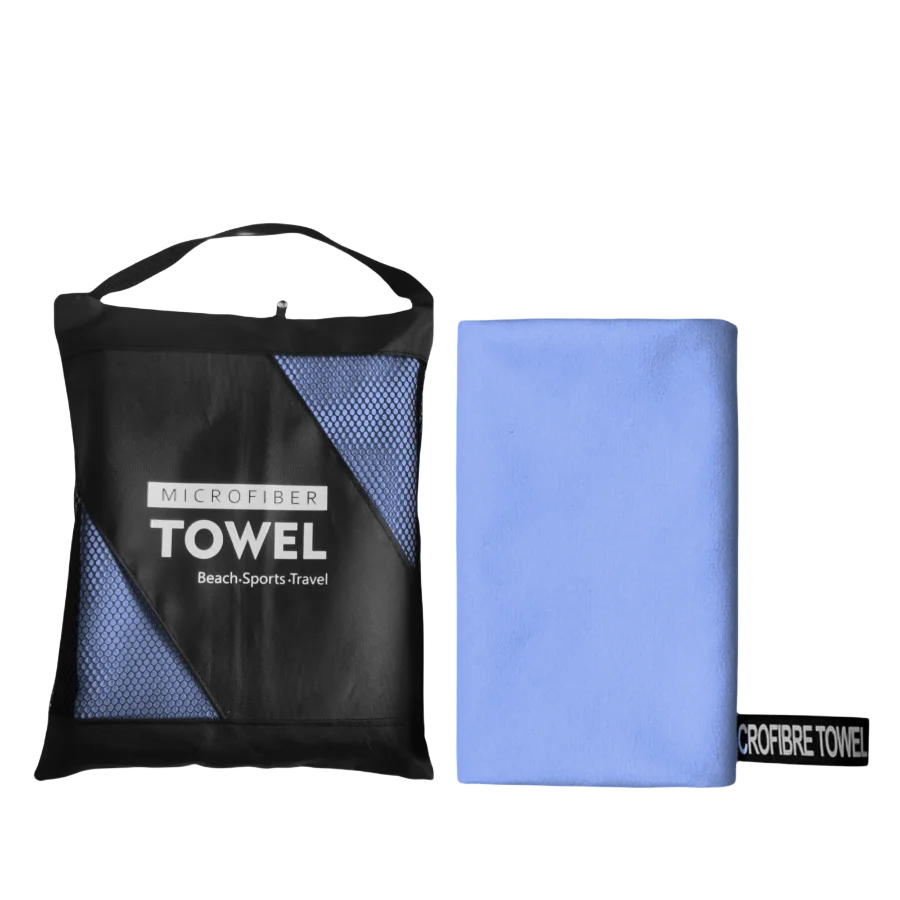 Blue microfibre beach towel with reusable zip bag, quick dry travel towel