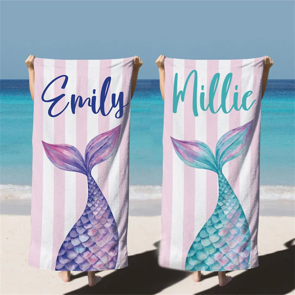 personalised mermaid towels two designs custom name beach towel