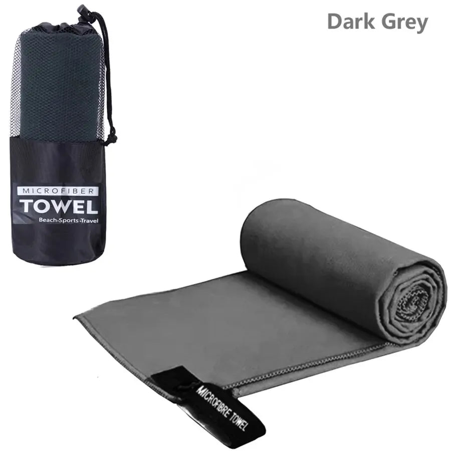 Dark grey microfibre towel with carry bag, lightweight quick dry sports towel