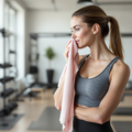 Woman at the gym using the Light Pink microfibre hand towel to dry her neck after an intense workout session.
