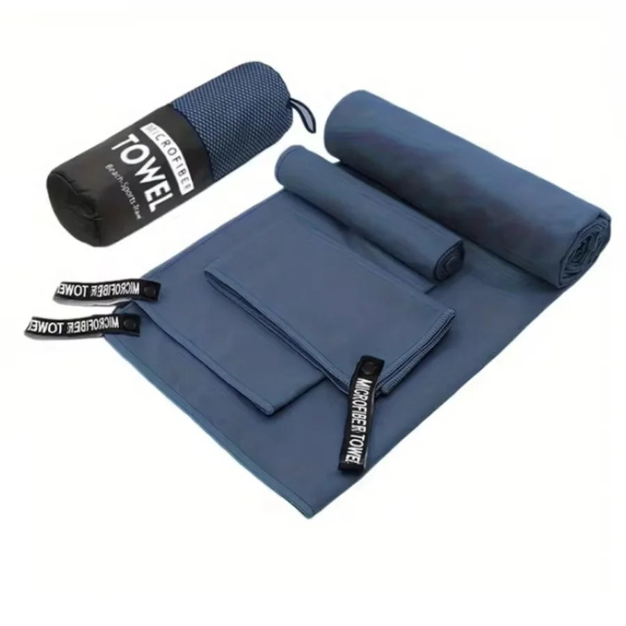 Navy blue microfibre towel set with storage case, quick dry sports towel set