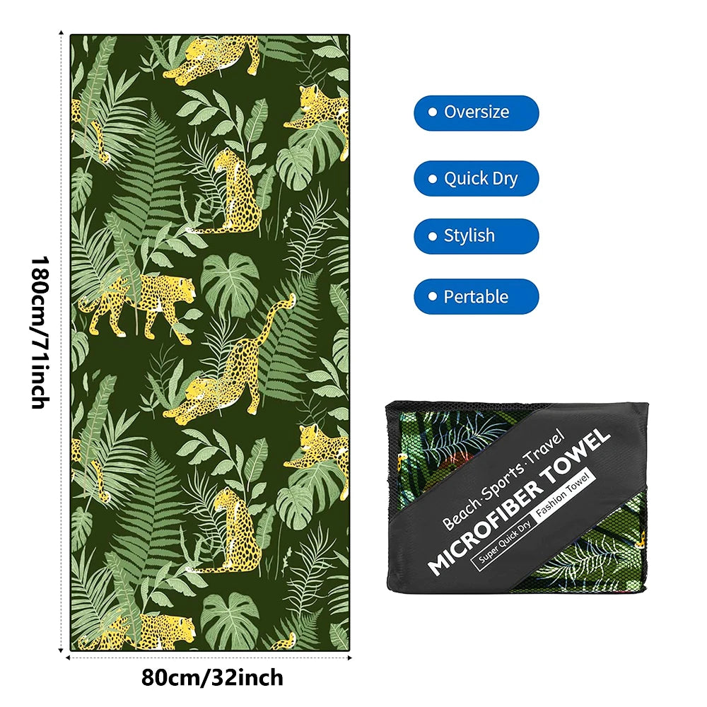 Rainforest microfibre beach towel features showing quick dry fabric, lightweight and sand resistant design
