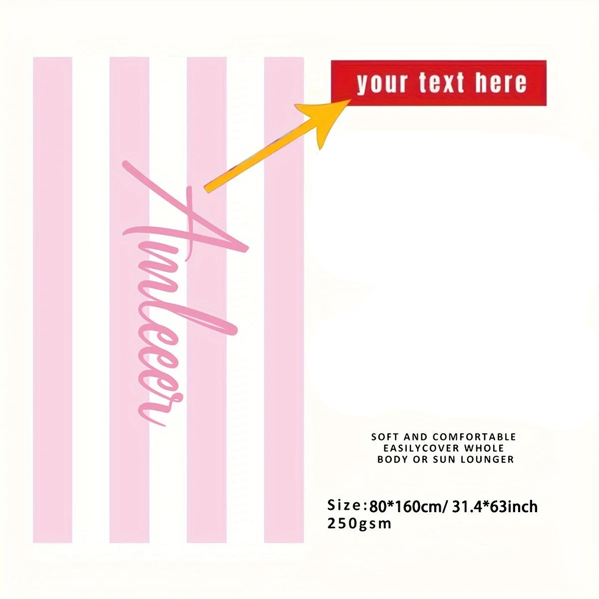Pink striped personalised beach towel with name, lightweight quick dry towel