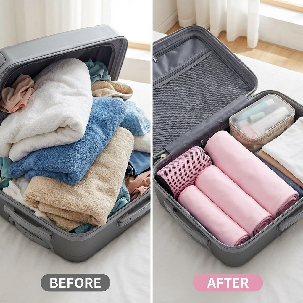 Microfibre towels packed inside suitcase, compact travel towel set for easy storage