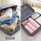 Microfibre towels packed inside suitcase, compact travel towel set for easy storage