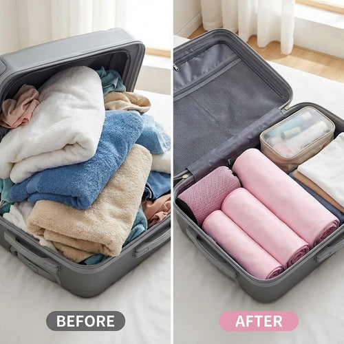 Microfibre towels packed inside suitcase, compact travel towel set for easy storage