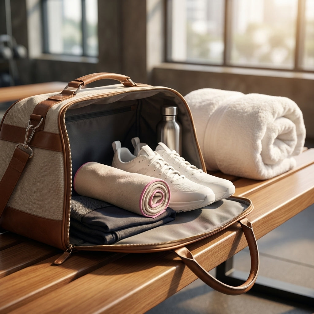 Packing microfibre towel into travel bag, compact lightweight quick dry towel