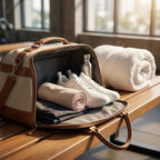 Packing microfibre towel into travel bag, compact lightweight quick dry towel