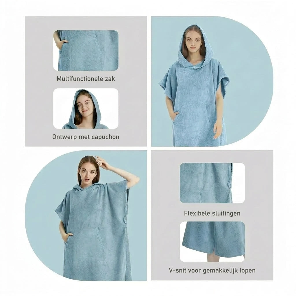 Details van HyDreez microvezel surfponcho met capuchon en voorzak
