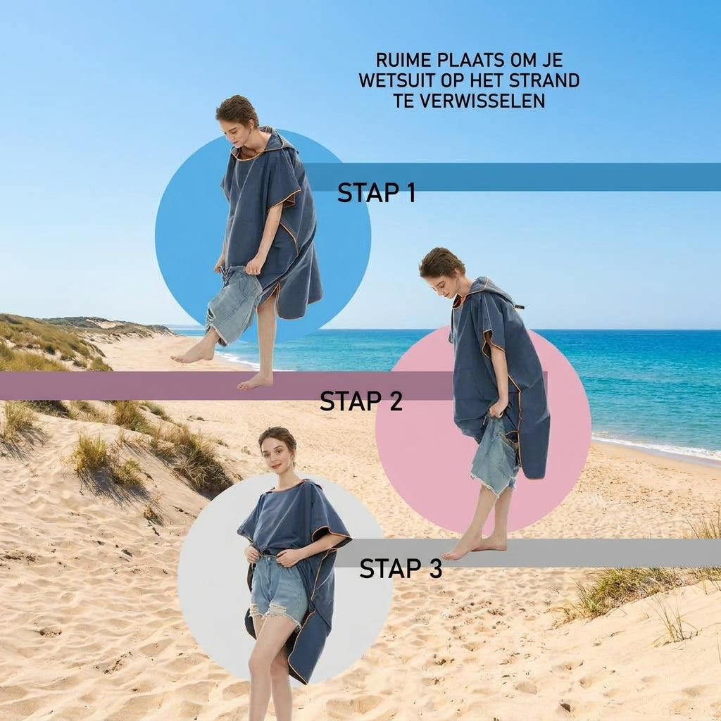 Gebruik van microvezel surfponcho voor omkleden na zwemmen en surf