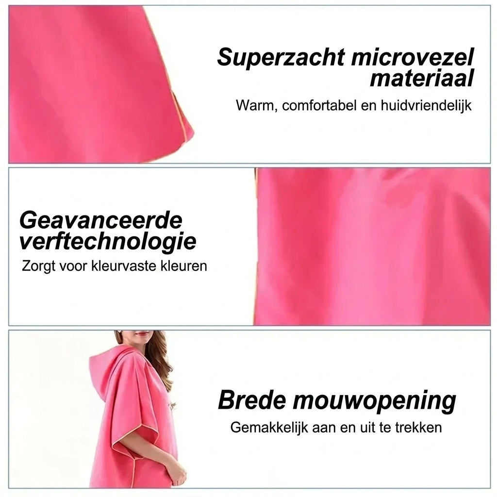 Details van zachte BeachFlow poncho met capuchon en microvezelachtige stof