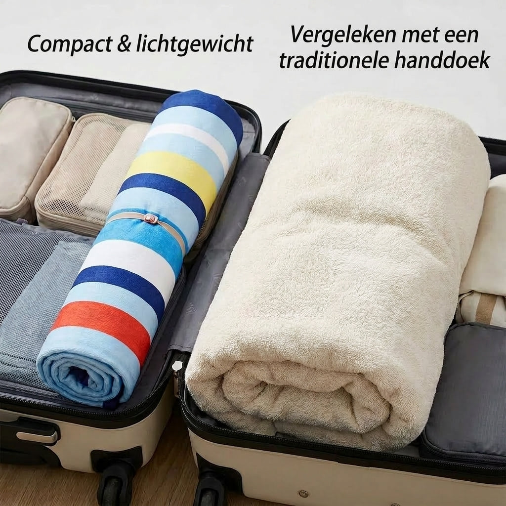 Compacte Riviera Stripe microvezel strandhanddoek vergeleken met traditionele handdoek
