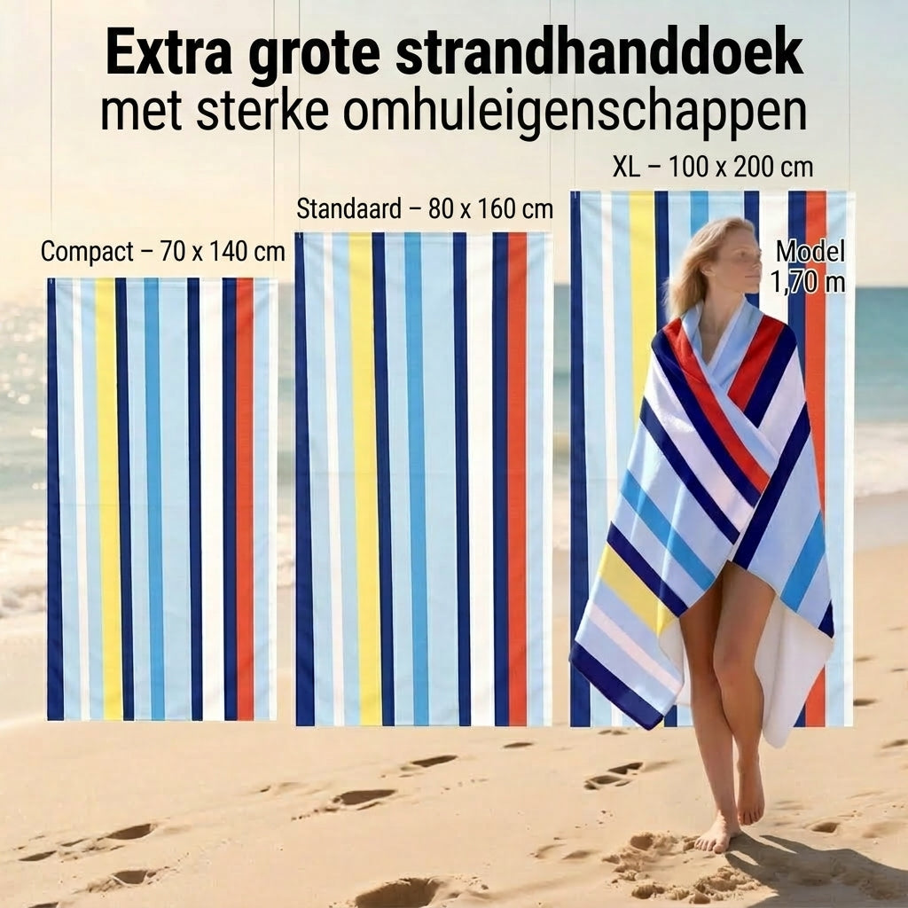 Extra grote Riviera Stripe microvezel strandhanddoek met maatinformatie