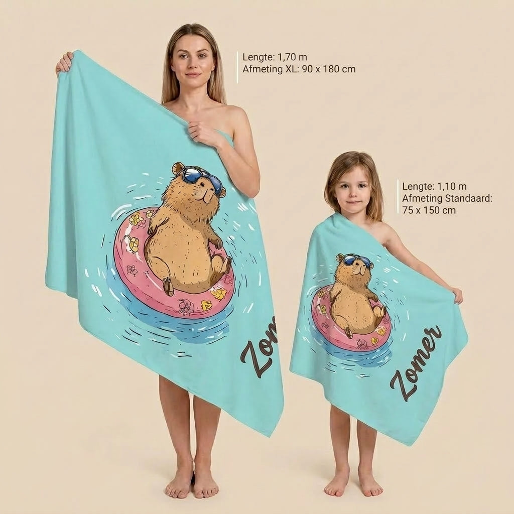 Maatvergelijking van Capybara Summer strandhanddoek Standaard en XL
