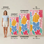Maatvergelijking van Sunburst Bloom microvezel strandhanddoek Compact Standaard en XL