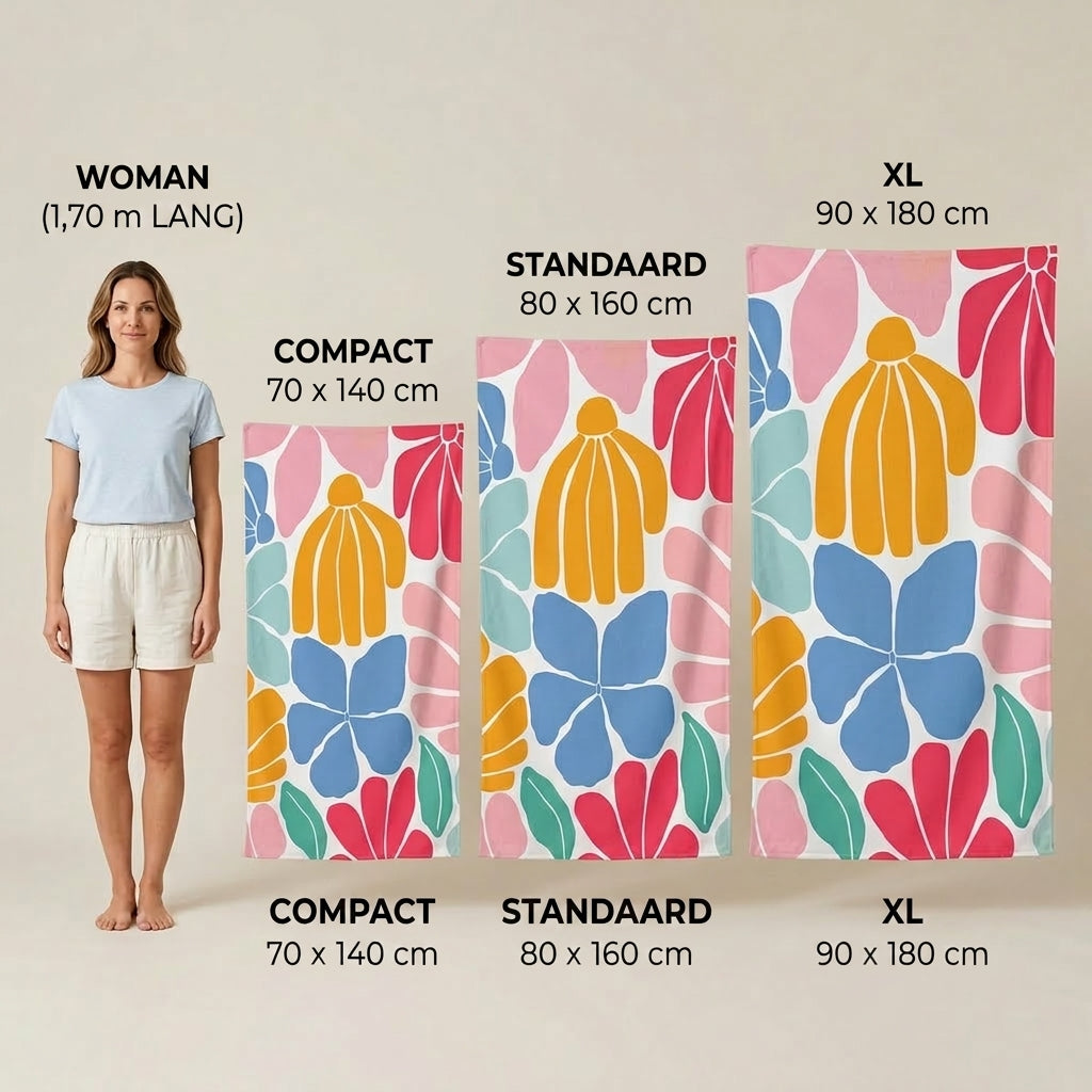 Maatvergelijking van Sunburst Bloom microvezel strandhanddoek Compact Standaard en XL