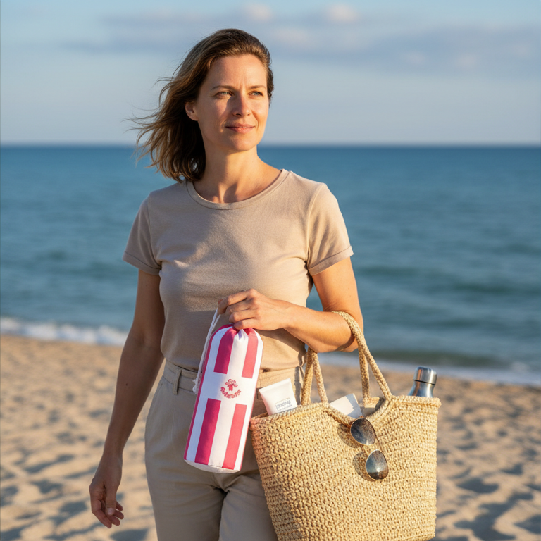 woman carrying striped microfibre towel beach lifestyle travel towel