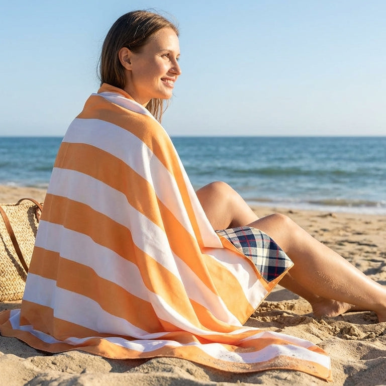 Woman sitting on beach wrapped in orange striped double sided beach towel, quick dry microfibre towel