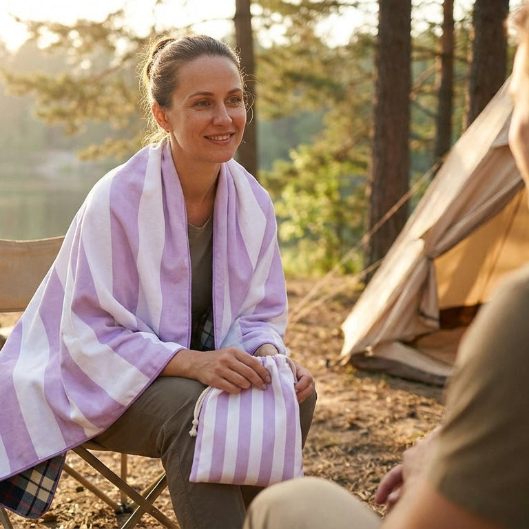 Woman relaxing outdoors with striped microfibre beach towel, lightweight quick dry travel towel